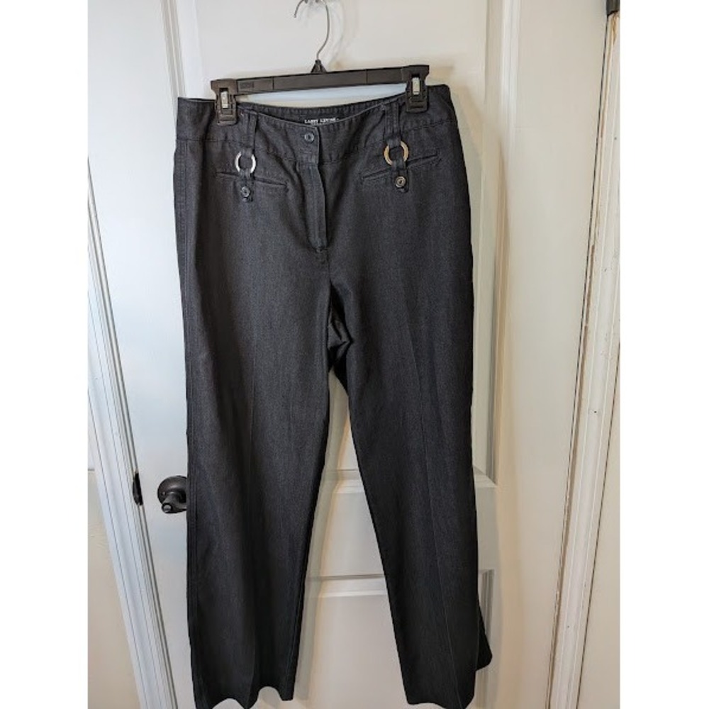 Larry Levine Stretch Dress Pants Charcoal Gray Wide Leg Gold Ring Detail Size 12